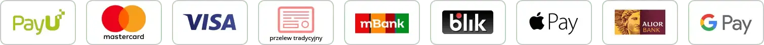 PayU, Mastercard, VISA, Przelew tradycyjny, mBank, BLIK, Apple Pay, Alior Bank, Google Pay
